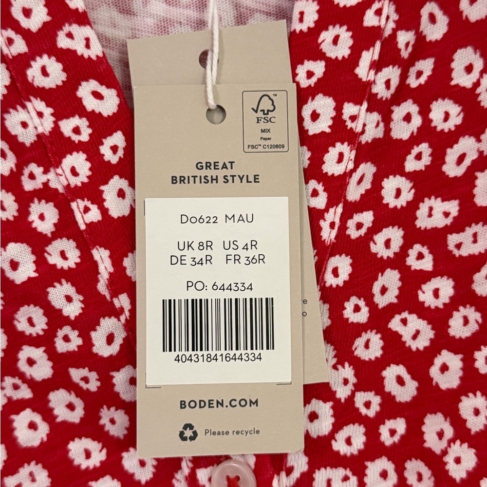 NWT Boden Button Jersey Mini Tea Dress Women’s 4 Short Sleeve Red Floral Boho - Picture 7 of 11